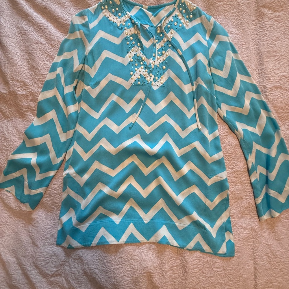 St. John Blue and White Chevron Blouse